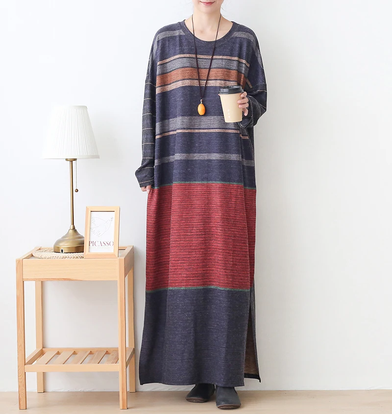 New Autumn Maxi Dresses for Women Casual Loose Long Sleeve Dress Women Knitting Striped Rabbit Hair Printed Robe Winter Vestidos