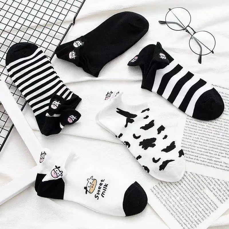 5Pair/Pack Nice Gift Polyester Cotton Ins Tide Socks Shallow Mouth Sock Cute for Summer Female Cartoon Cow Embroidery | Женская одежда