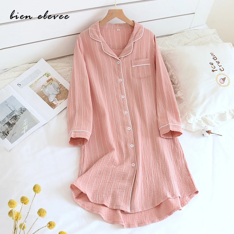 

Women Nightgown Sleepwear Gauze Cotton Plus Size Nightdress Oversize Femme Casual Homewear Pajamas Striped Pink Nightshirt