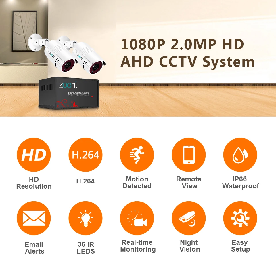 Zoohi 2CH 720 P/1080 P AHD Камера видеонаблюдения комплект P2P HDMI H. 264 DVR система видеонаблюдения Водонепроницаемая наружная камера безопасности комплект