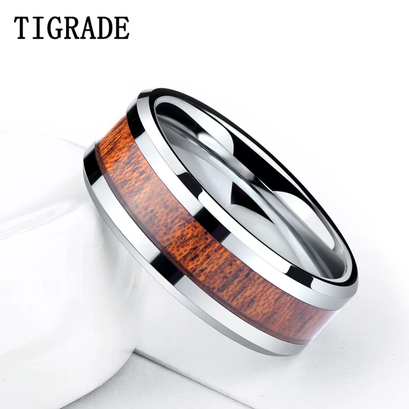 TIGRADE 6mm 8mm Wood Inlay Tungsten Carbide Ring Men Silver Color Wedding Band Engagement Rings Wooden Male Comfort Size14 | Украшения и