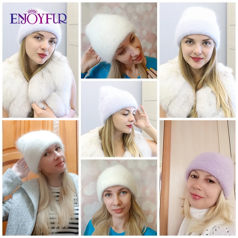 ENJOYFUR Women Winter Real Angora Rabbit Fur Hats Thick Warm Fashion Solid Colors Wool Knit Beanie Hat Female Bonnet Cap 6