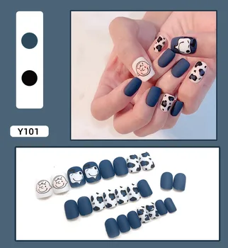 

24 PCS Cartoon Nail Art blue color Patch Wearable Stick-on nails overhead with glue Nail Art fake nails