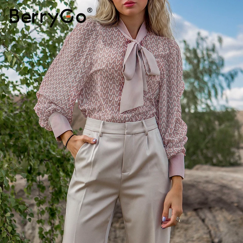Женская блузка с длинным рукавом BerryGo, элегантная розовая блузка с геометрическим рисунком, на лето и весну 2020 Женская блузка с длинным рукавом BerryGo, элегантная розовая блузка с геометрическим рисунком, на лето и весну 2020