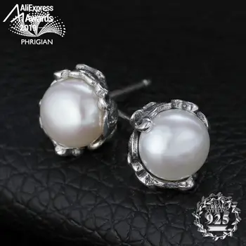 

Fine Antique Earrings 925 Sterling silver S925 pure women lady authentic freshwater pearl Vintage Pearl style pushback round