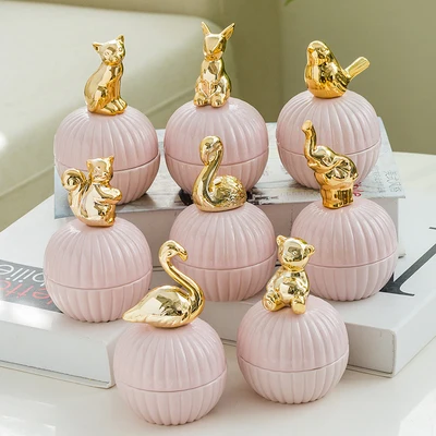 

5pc Pink Cute Animals ceramic jewelry boxes Wedding Ring Trinket Box with Crystal Holder Earring Jewelry Storage Box Gift Crafts