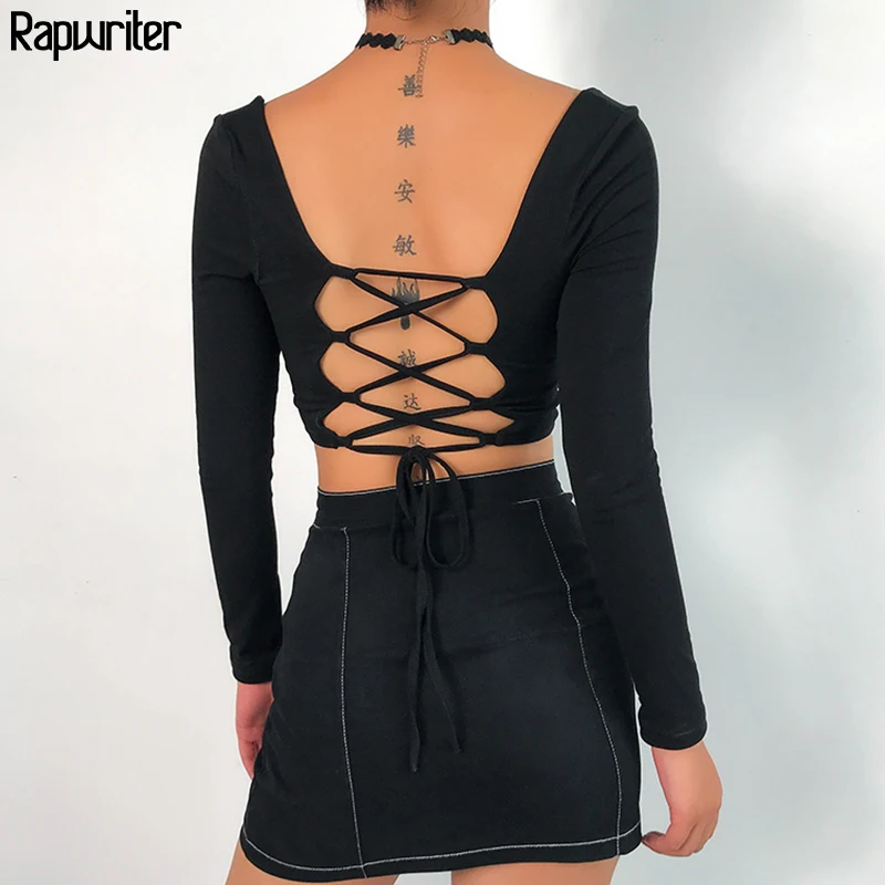 

Rapwriter Sexy Backless Cross Lace-up Cotton Black T-Shirt Women 2019 Stretch Square Collar Full Sleeve Skinny T-Shirt feminina