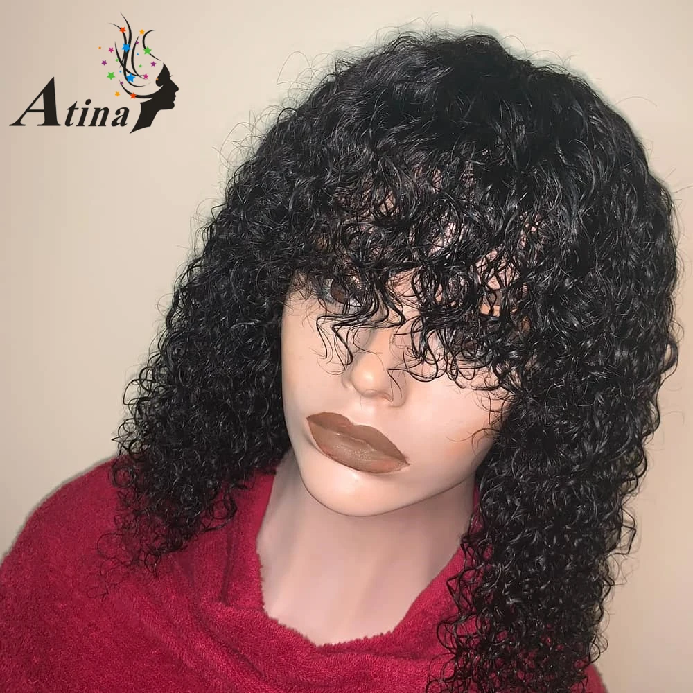 

Wigs with Bangs Short 13x6 Deep Part Lace Front Human Hair Wig Malaysian Curly PrePlucked Remy Natural Wig For Black Women Atina