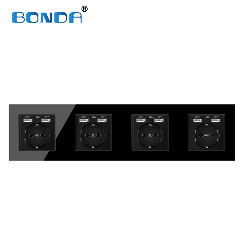 Настенная USB розетка BONDA Европейский и немецкий стандарт черная кристаллическая
