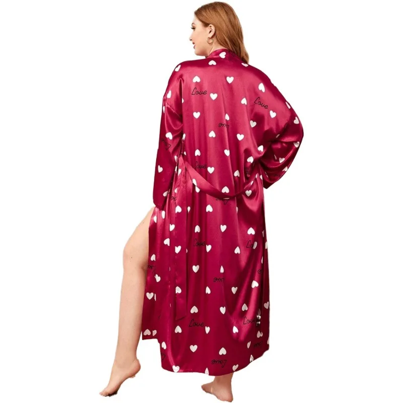 Sanderala Women Plue Size Print Robe V Neck Belted Women Sleepwear Elegant Satin Gown Bathrobe Home Pajamas Satin Robe Spring