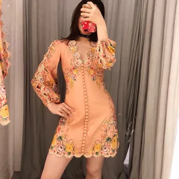 

Hollow out Long Sleeve Women Mini Dress 2020 New V-neck Long Lantern Sleeve Floral Vintage Court Style Lady Dresses With Buckles