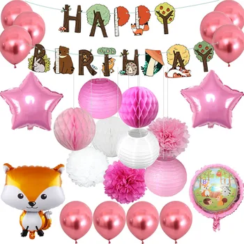

24pcs Woodland Animal Banner Fox Squirrel Balloons Paper Lantern Honeycomb Ball Paper Pompoms Kids Birthday Party Wedding Decor