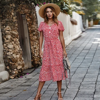 

Single Breasted Floral Dress Women V Neck Butterfly Sleeve Slim Dress New Casual Women Spring Summer Dress Office Lady