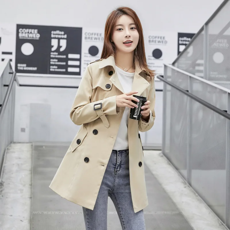 

New Style Korean-style Fold-down Collar Simple Double Breasted Trench Coat Mid-length Waist Hugging Long Sleeve Elegant 2019 Aut