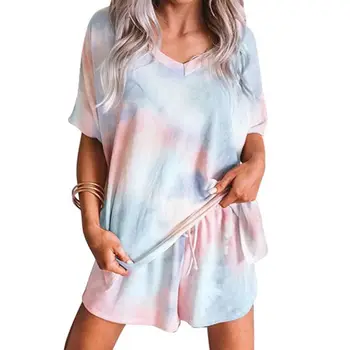 

Women Plus Size 2 Piece Pajamas Set Short Sleeve Rainbow Tie-Dye Leopard Print Sleepwear Drawstring Loose Loungewear