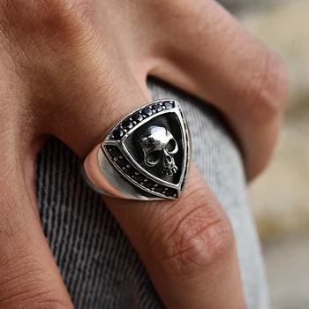 

925 sterling silver Thailand imported black agate triangle ring men skull ring