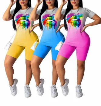 

Summer Women's Casual Lip pattern Print Clothes Sets Slim Fit T-shirt Tops +High Waist Shorts Sport Outfits Fashion Outdoor Sets