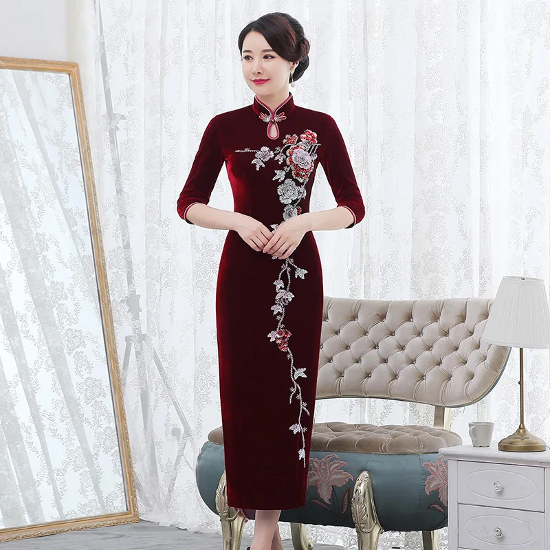Осень/зима cheongsam бисером улучшенное красное свадебное тост платье edgy банкетное платье китайское свадебное платье для женщин
