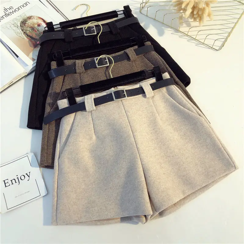 AREQW Autumn Winter High Waist Shorts for Women Casual Warm Booty Shorts with Belt