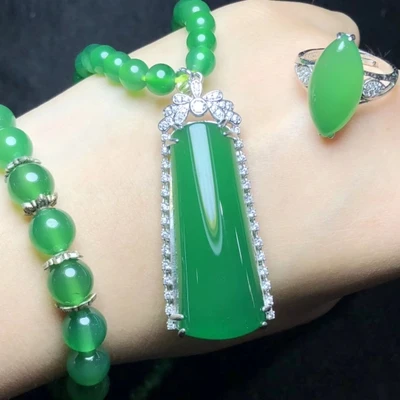 G Набор из трех предметов Jade myelin, ожерелье, 925 серебро, инкрустированное зеленым нефритом, подвеска для ожерелья и сережек, кольцо, Женские Ювелирные изделия - Цвет камня: G