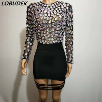 

Sparkly Rhinestones Stones Black Mesh Short Dress Nightclub Singer Dancer Concert Stage Costume Birthday Evening Party Dresses