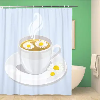 

Bathroom Shower Curtain Yellow Beverage Hot Cup of Chamomile Tea Blossom Breakfast Waterproof Bath Curtain Set with Hooks