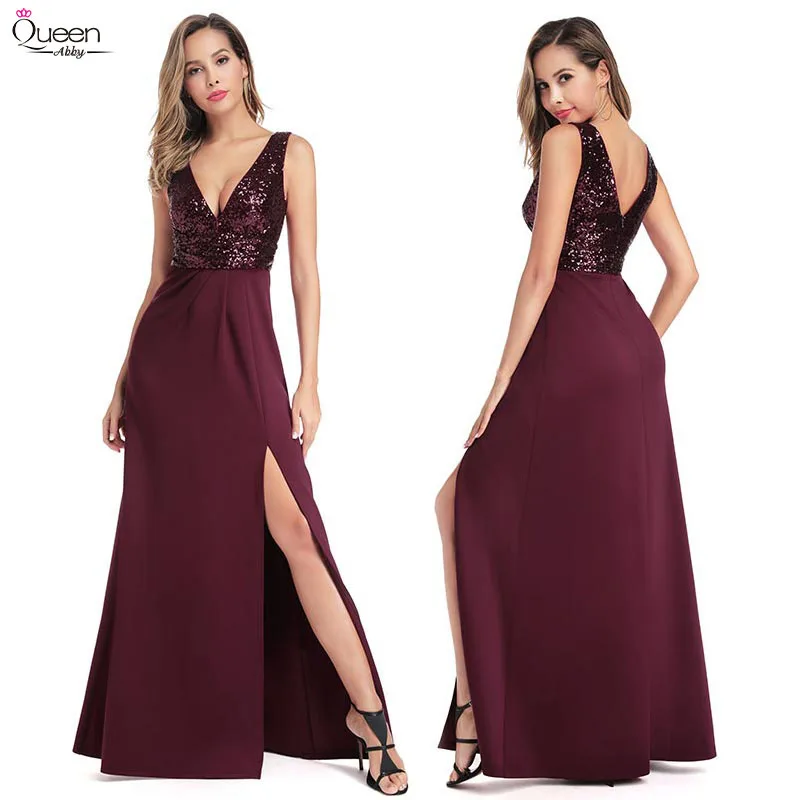 

Sexy Burgundy Evening Dresses Long Queen Abby Sheath Double V-Neck Split Front Sparkle Sequined Formal Party Gowns