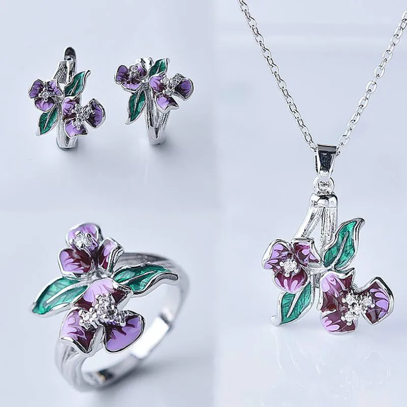 Модный набор украшений для женщин изысканное фиолетовое кольцо с эмалированным цветком серьги подвеска ожерелье обручальные свадебные комплекты ювелирных изделий - Окраска металла: Ring Size 10