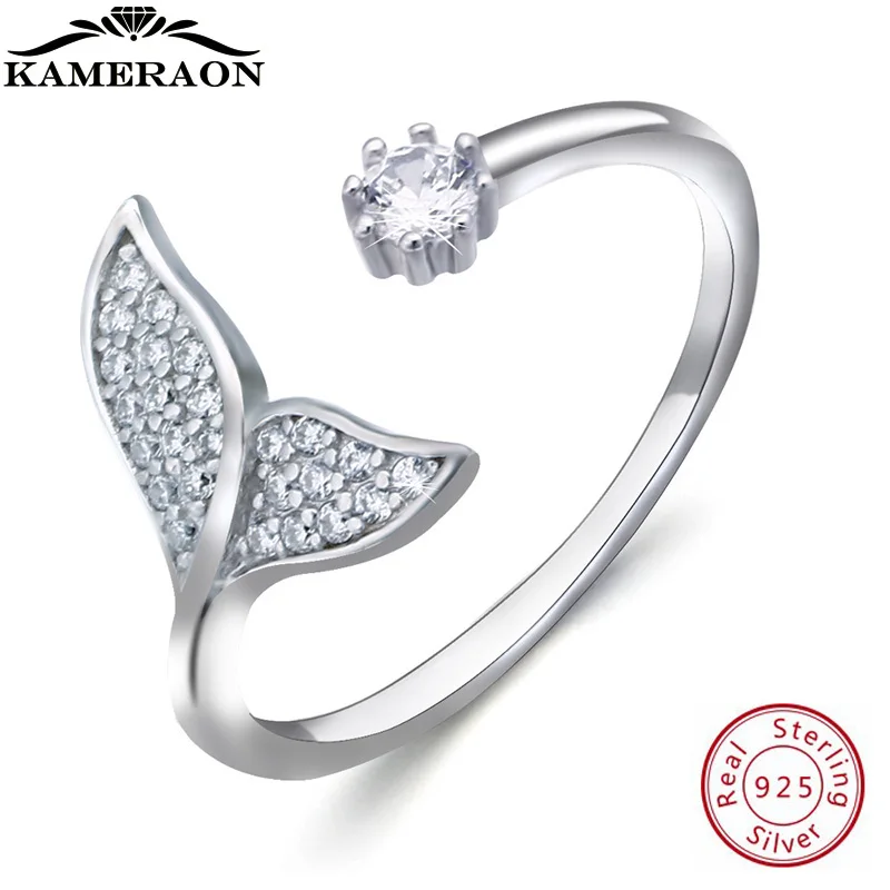 

KAMERAON Dainty Ring 925 Sterling Silver Woman Jewerly Ocean Mermaid Anillos Cubic Zirconia Pearls Rings Korean Adjustable