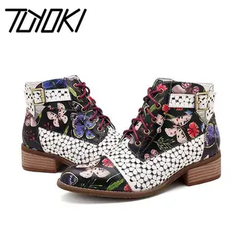 

Tuyoki 2020 Women Ankle Boots Ethnic Style Thick Heel Women Shoes Patchwork Floral Buckle Female Vintage Footwear Size 35-43
