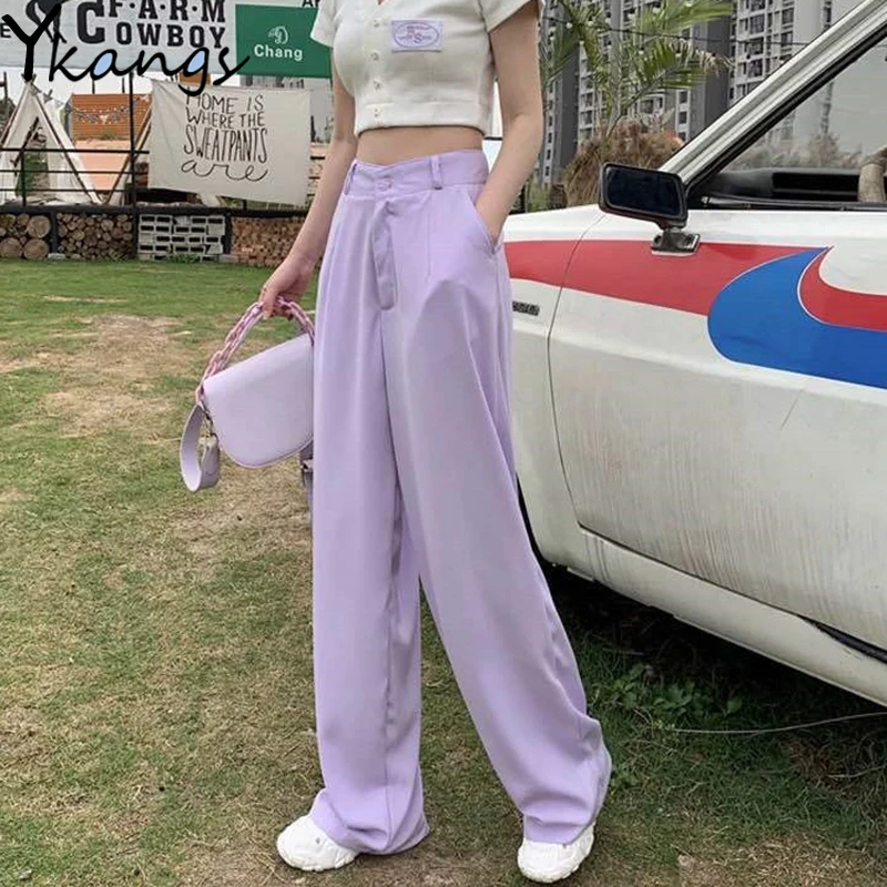 Фиолетовые прямые брюки с высокой талией Harajuku женские Модные свободные осенние