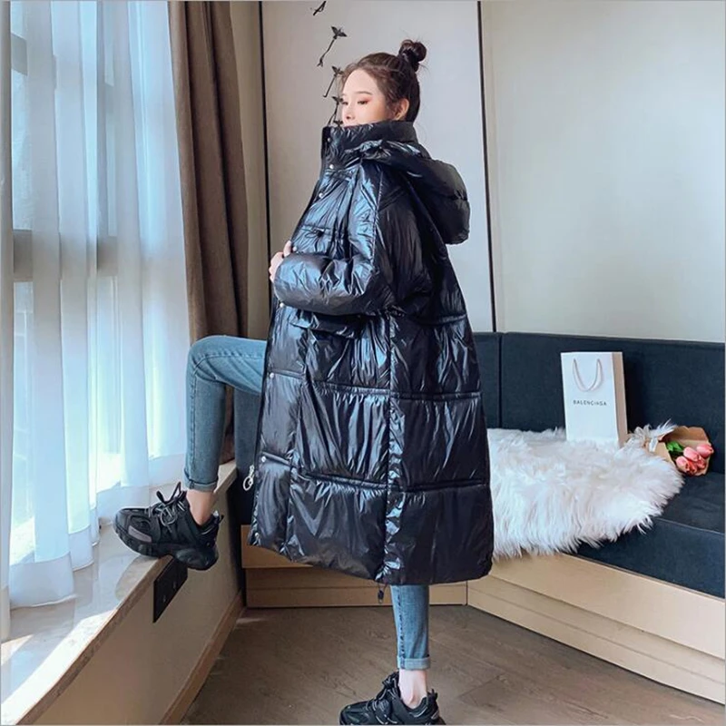 

Lingwave New Winter mid-length women's coat Glossy hooded cotton-Padded jacket loose thick women's bread clothing casual coat