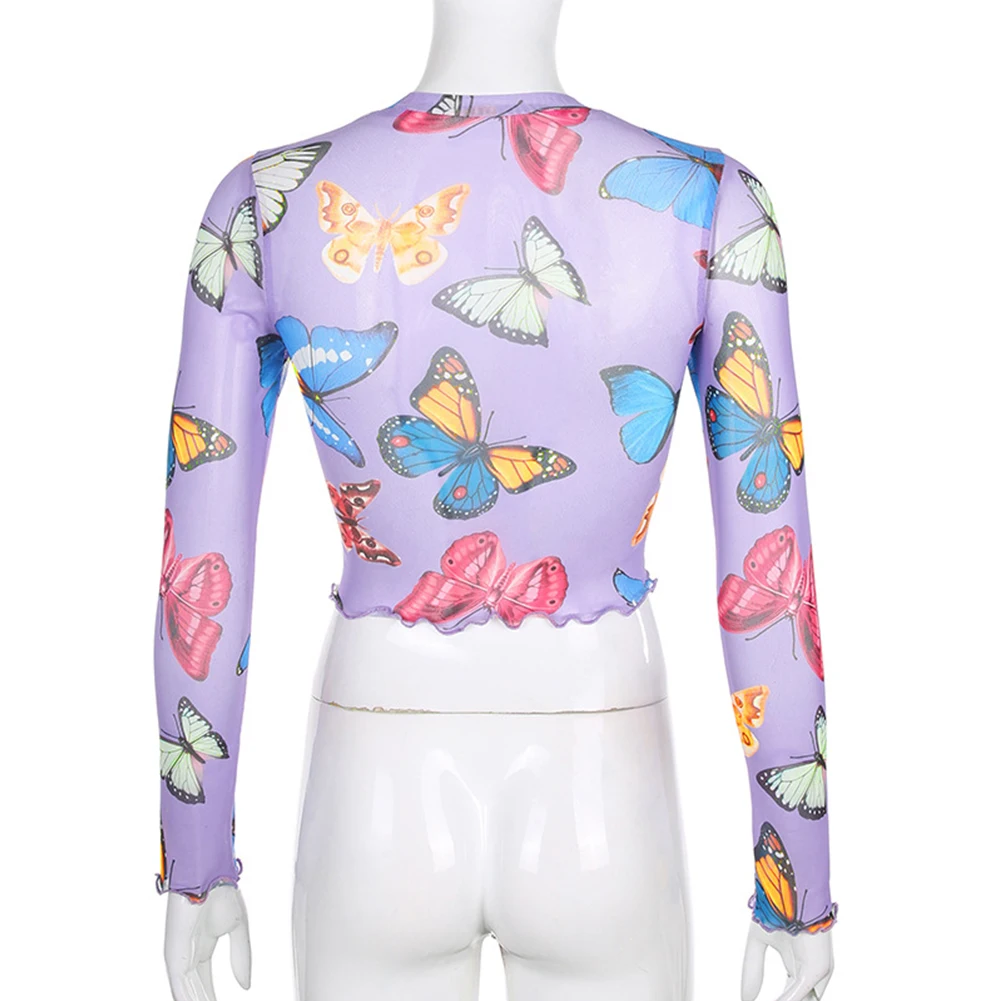 Ladies Sun Protection Base Shirt Mesh Crop Top Women Long-sleeve t-shirt Sexy See Through Sheer Top Fashionable Butterfly Print