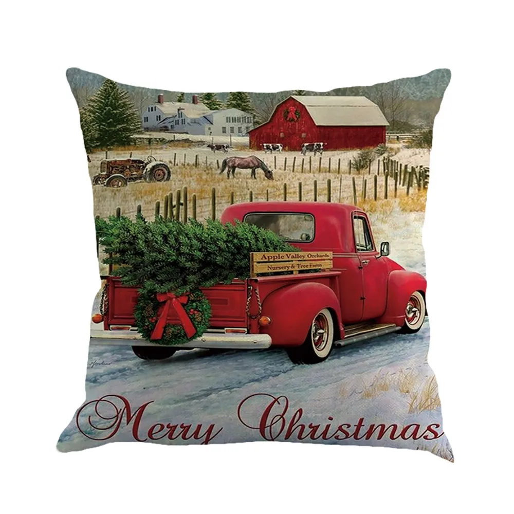 Рождественский красный грузовик 45x45 см Рождественский Чехол на подушку дерево декор семейный стул для гостиной новогодний льняной принт наволочки#10