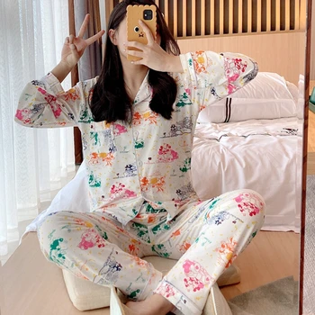 

Autumn Breathable Pajamas Color printing Pijamas Women Long Sleeve Pants Sleepwear Turn-down Collar 2 Piece Pijama