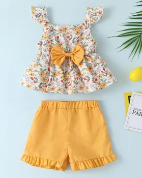 

PUDCOCO Baby Summer Clothing Children Two-pieces Outfit Girls Fly Sleeve Bow Floral Top Solid Color Ruffle Shorts Pants Set 1-6Y