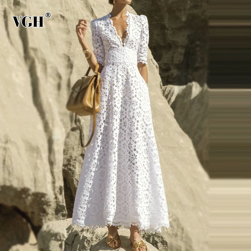 VGH elegante abito lungo bianco per donna scollo a V mezza manica vita alta  scava fuori abiti Slim donna 2022 primavera nuovo stile moda - AliExpress  Women's Clothing