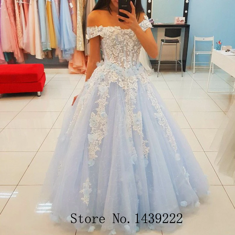 

Fairy Light Blue Evening Dresses Girl Prom Flower Pleat Off The shoulder Vestidos De Fiesta De Noche Robe De Soiree Plus Size