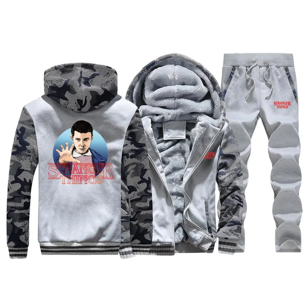 Light Gray Новинка! Горячая Распродажа! зимнее мужское камуфляжное пальто с капюшоном в стиле хип-хоп, плотный костюм, спортивная одежда, теплые куртки+ комплект из 2 предметов, штаны - Цвет: Light Gray
