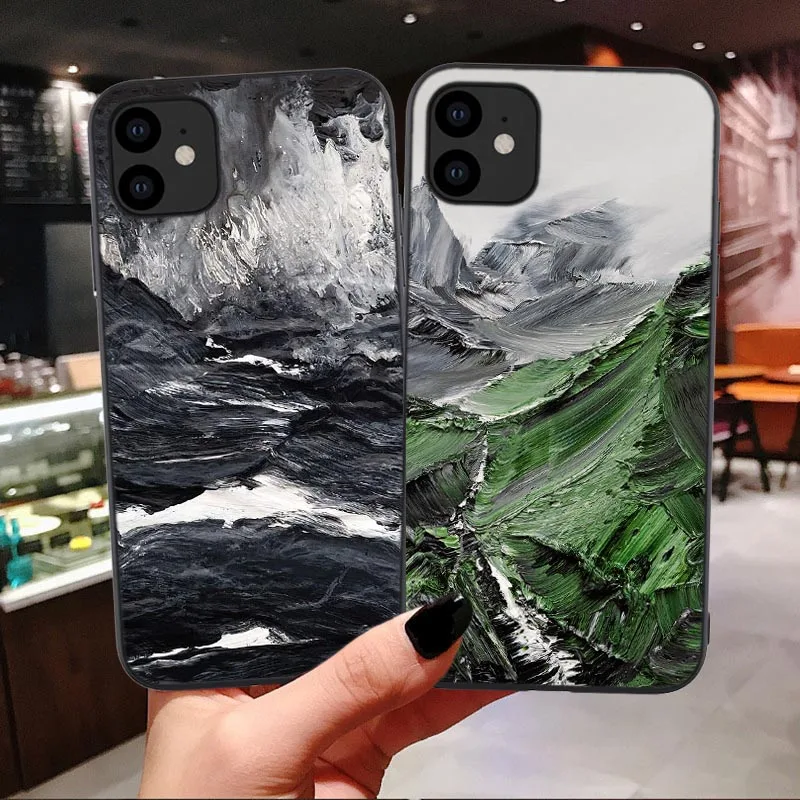 

Landscape art Emboss Soft Phone Case For iPhones 11 SE 6 6s 7 8 Plus XR Xs Max 11Pro Max Snow Mountain Silicone Cover coque fund
