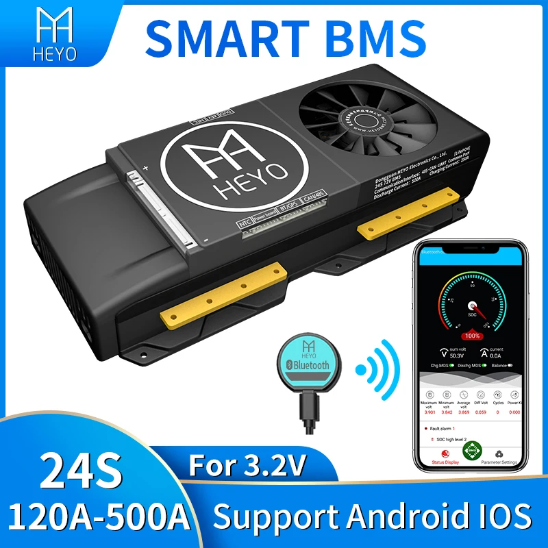 HEYO Smart LiFepo4 Lipo 24S 72V 120A 150A 200A 250A 300A 500A BMS Bluetooth UART RS485 CANbus с вентилятором для хранения