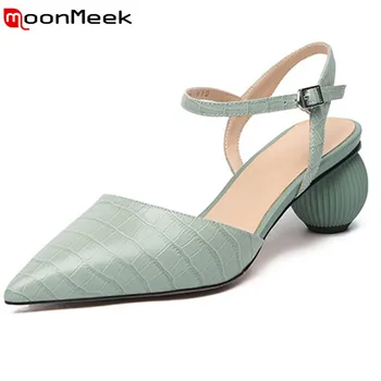 

MoonMeek 2020 hot sale genuine leather shoes women sandals buckle pointed toe summer unique heel fashion party shoes ladies