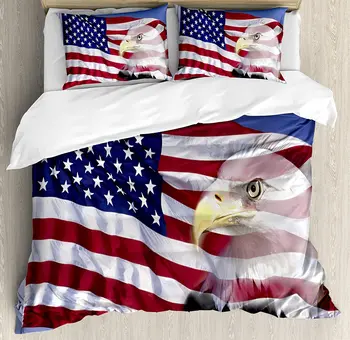 

American Flag Duvet Cover Set Bless America Flag in the Wind with Eagle Icon Double Exposure Citizen Bedding Set Multicolor
