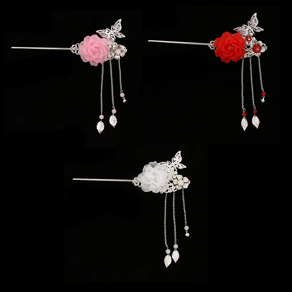 Ancient Chinese Japanese Styled Floral Hair Stick Hairpin Tassel Kanzashi Chignon Headpiece for Geisha Kimono Fancy Dress