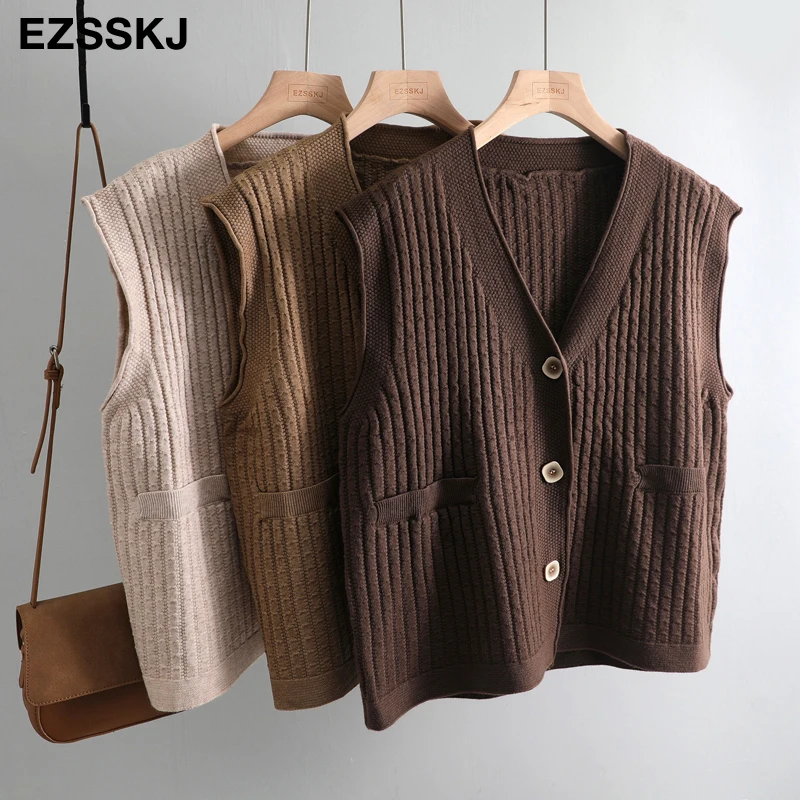 chic Autumn winter loose thick sleeveless Sweater Pullovers Women casual v-neck vest female knit Jumpers top | Женская одежда