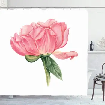 

Shower Curtain Set with Hooks 66x72 Inches Tender Pink Head Botanical Salmon Rose Color Peony Drawn Raster Hand Nature Realistic