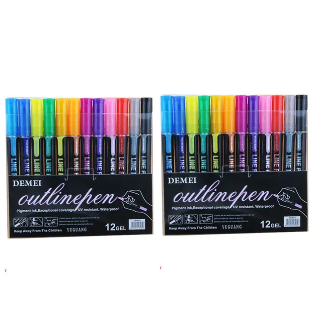 12 Color Double Line Outline Art Pen Marker Pen DIY Graffiti Outline Marker Pen Highlighter Scrapbook Bullet Diary Poster Card 2 sets 12color B