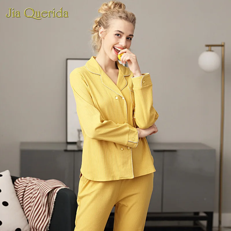 

Pajamas Women Fall New Pure Cotton Simple Cardigan Fashion Korean Housewear Loose Plus Size Cotton Suit Yellow Loungewear Women