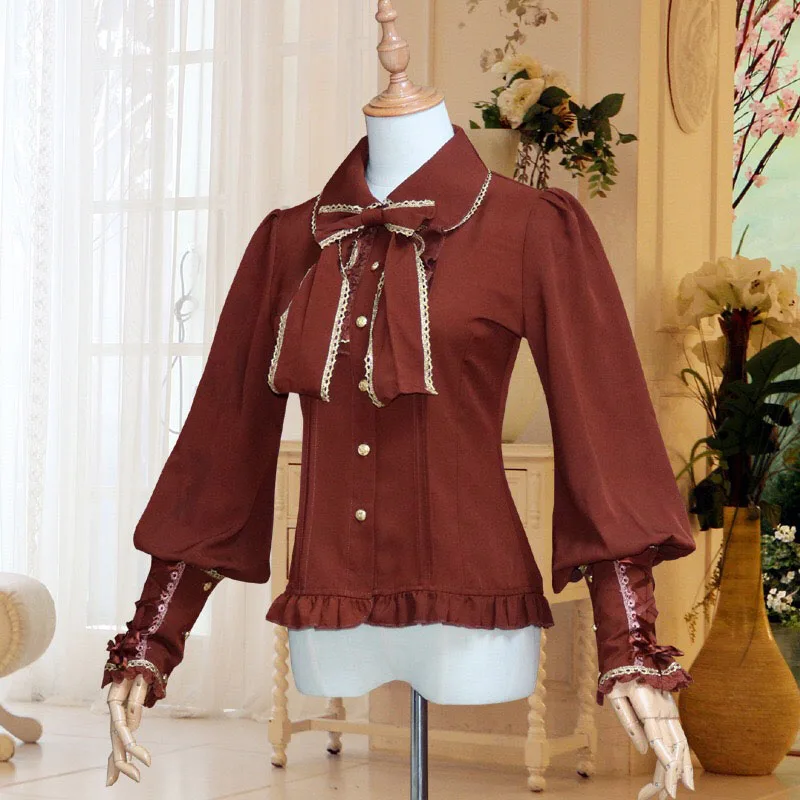 Dress Shirt Steampunk Victorian Costume Women Vintage Slim Fit Chiffon Blouse Lolita Bow Tie Lantern Sleeves Top Braid For Lady