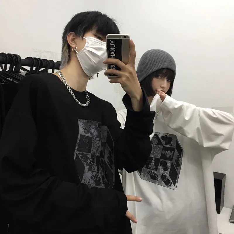 Women's Long-Sleeved T-shirt Ins Harajuku Style Retro Spring New Printed round Neck Loose All-Match Couple's Tops | Женская